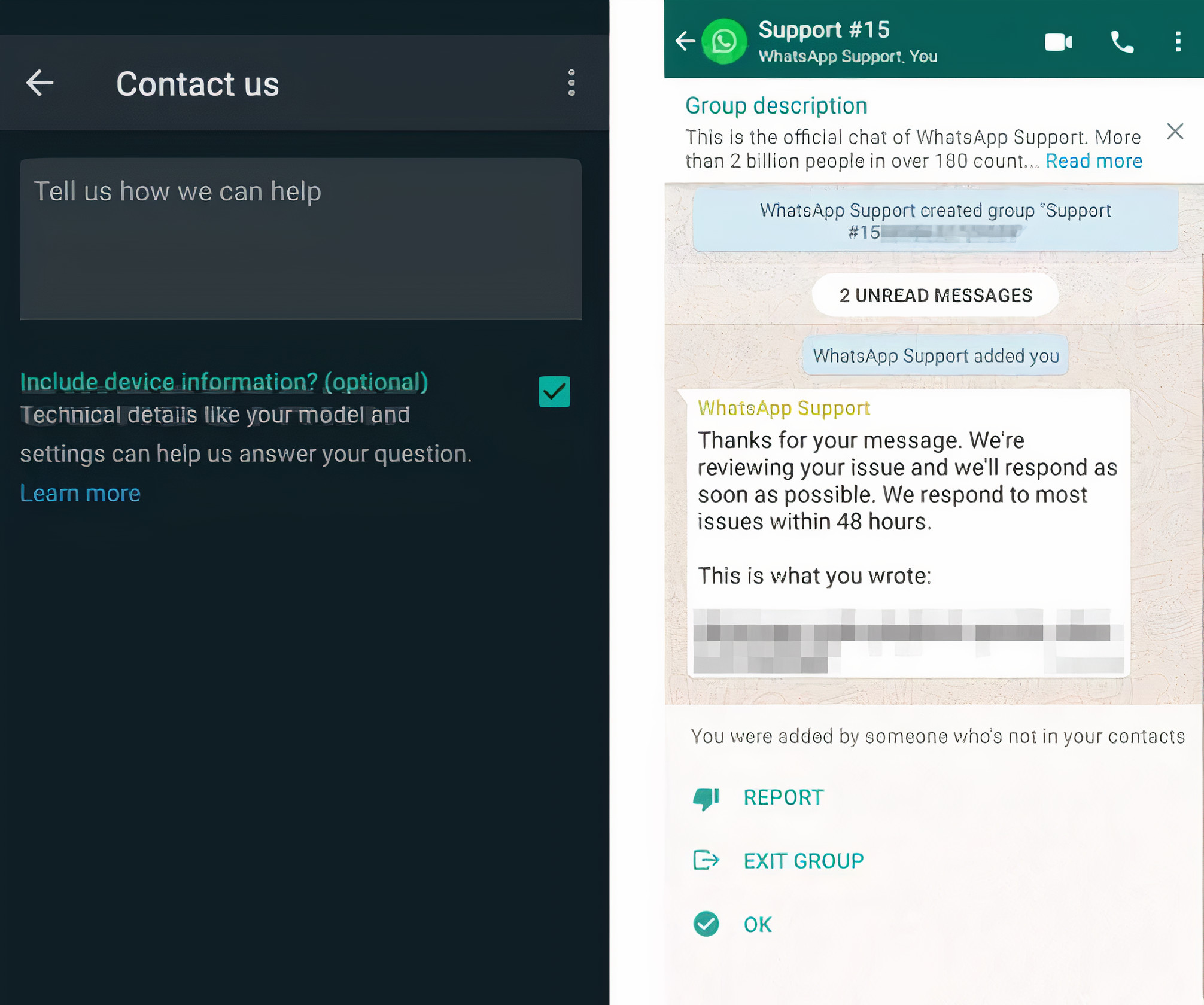 WhatsApp In-App support